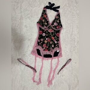 iHeartRaves Black Floral Chemise with Pink Lace Trim